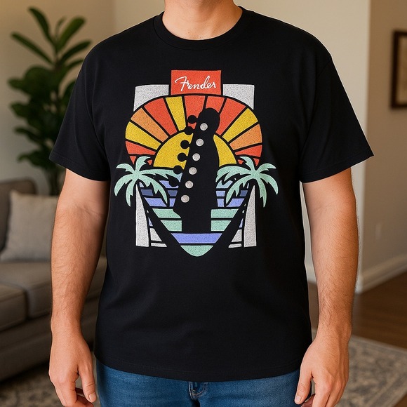 Fender XX-Large Black Graphic T-Shirt NWT | Sunset Guitar Palm Tree Print - Picture 1 of 3
